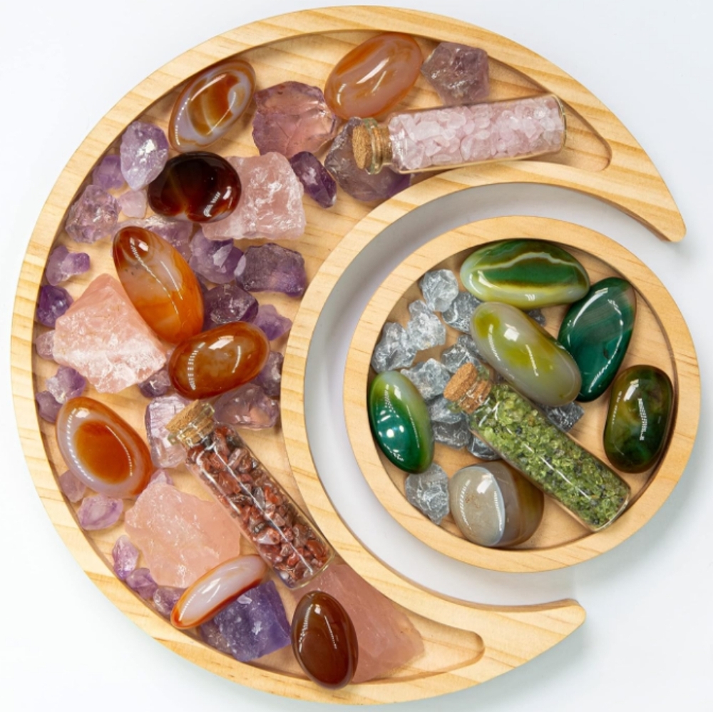 Wood Tray Set Crescent Moon Sun Lunar Solar Eclipse Crystal Jewelry Display Dish